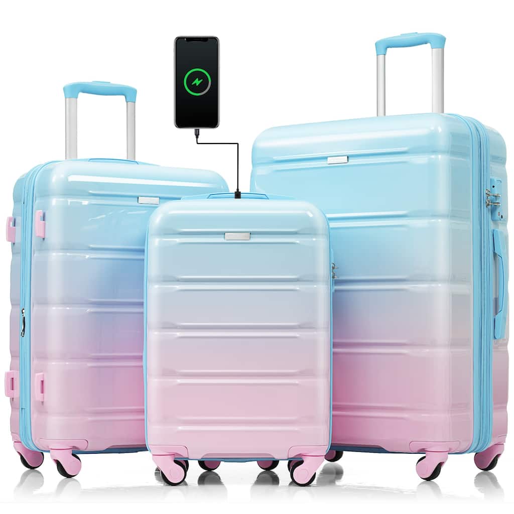 3-Piece, 20-Inch Modern Hard Shell Luggage with USB Port and Spinner Wheels, for Boarding Travel, Blue+Pink