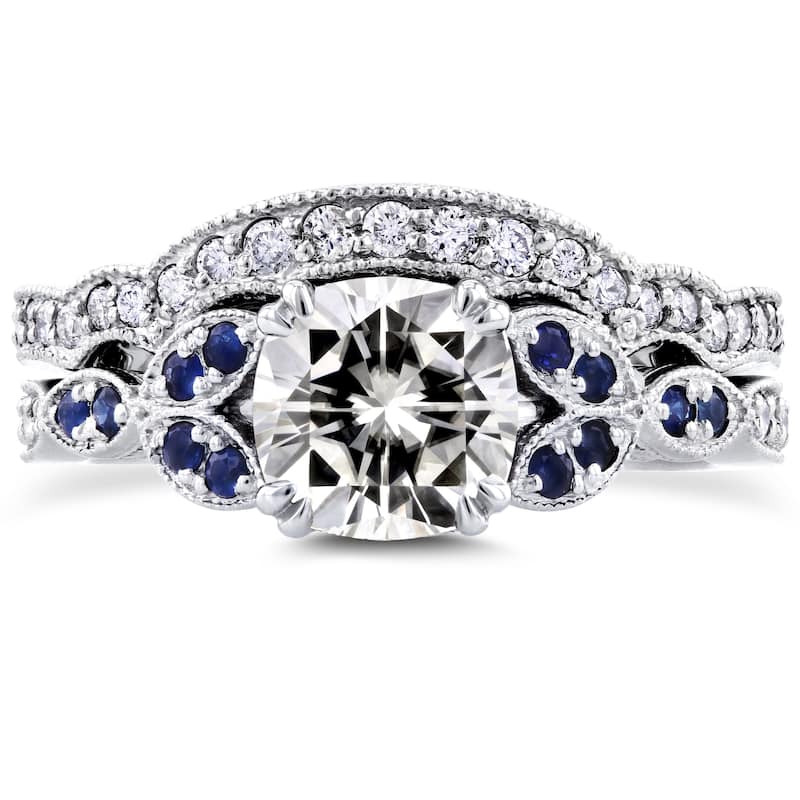 Kobelli 1.5 Carats Mixed Stone Solid 14k White Gold Cushion Floral Blue Accent Iris 2pc Bridal Set