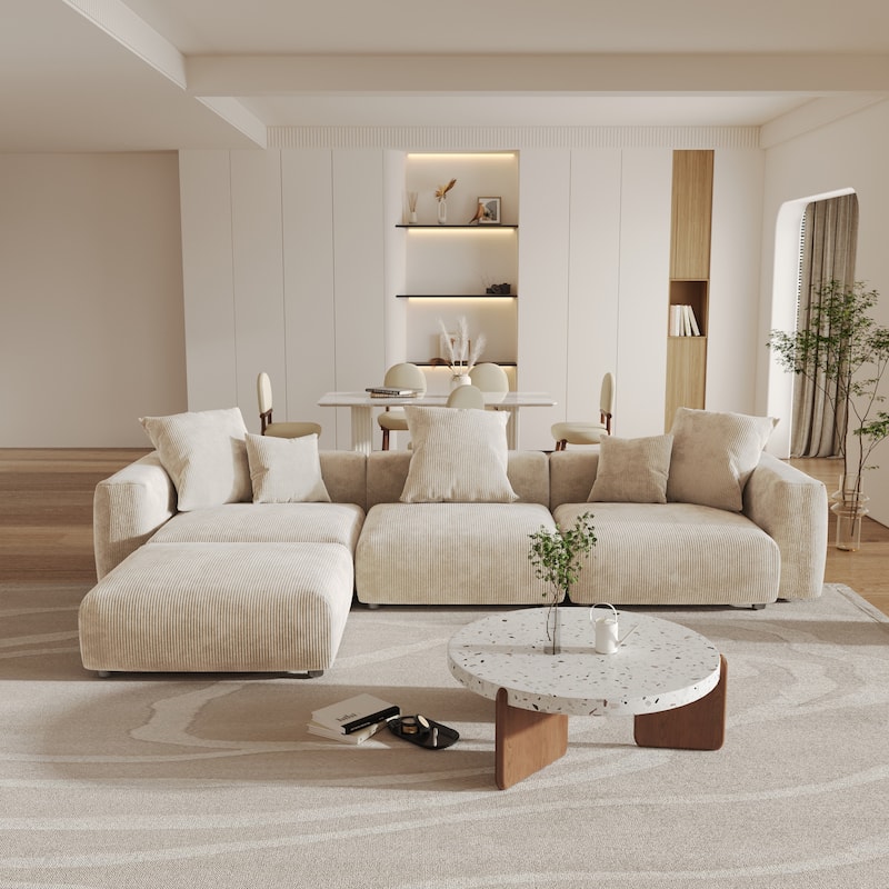 141.73 " Corduroy Large Reversible Modular Sectional Sofa L-Shape Couch with Otoman and Pillow - Beige