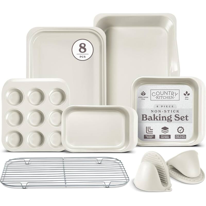 Country Kitchen 8-Piece Bakeware Set, Nonstick Baking Pans & Nesting Baking Sheets, Durable Steel, Grey - Cream
