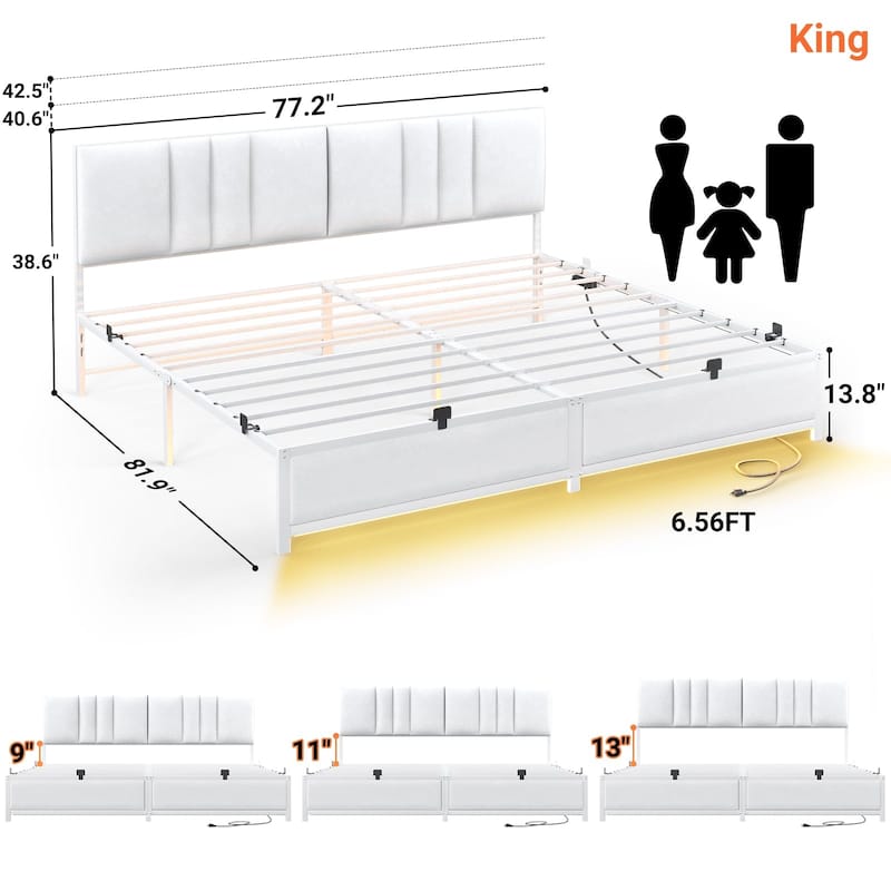 Platform Bed Frame with Ajustable Upholstered Headboard, Bed with USB Port and Charge Station
