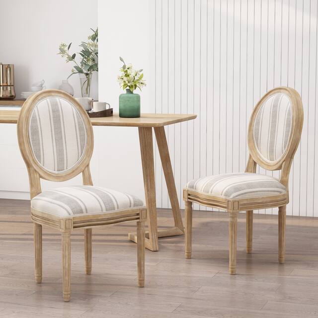 Phinnaeus French Country Fabric Dining Chairs (Set of 2) by Christopher Knight Home - Gray Stripes + Light Beige + Natural