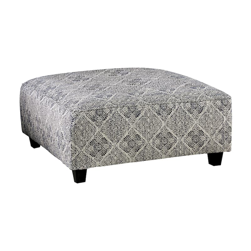 Stormy Transitional Grey Fabric Moroccan Print Cocktail Ottoman by Gracewood Hollow