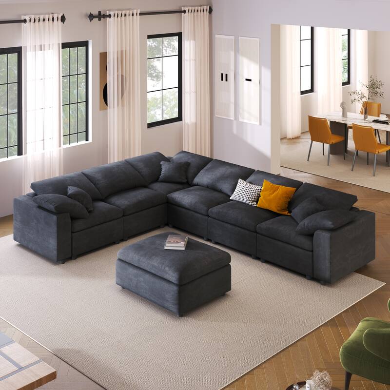 129.3'' Oversized L-Shaped 7-Seater Sectional Sofa with Ottoman and Pillow, Perfect for Living Room or Office