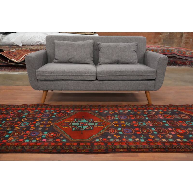Hand Knotted Oriental 100% Wool Carpet Traditional Geometric Navy Blue & Blues Ardebil Runner Rug - 9' 6'' X 3' 5''