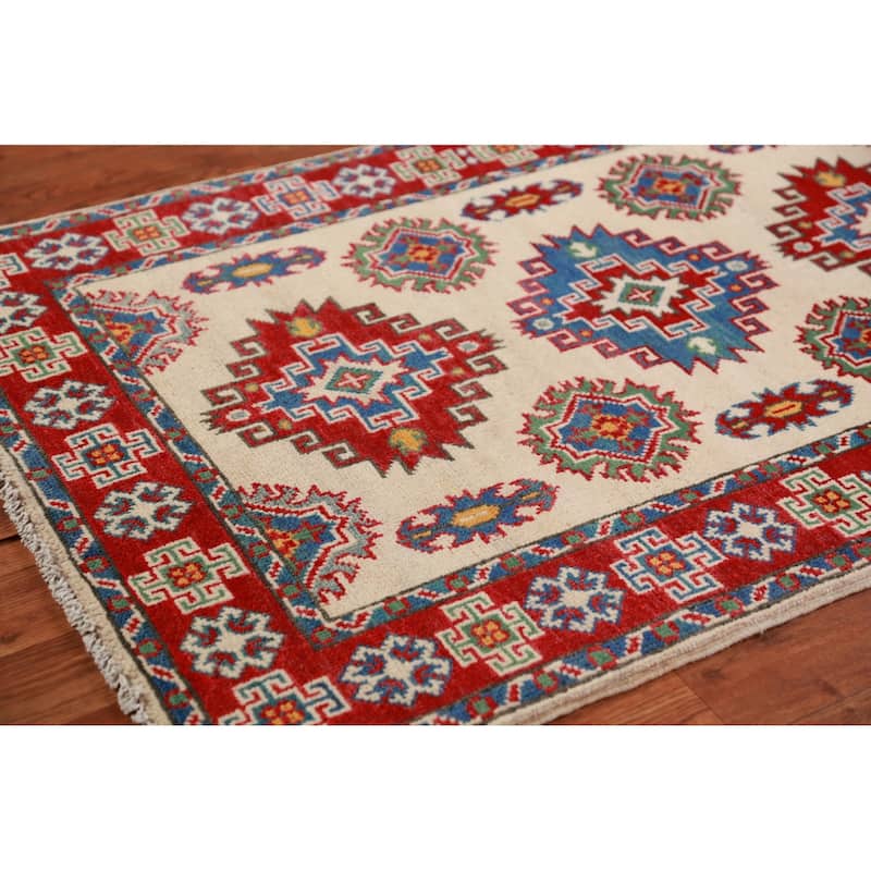 Ivory Kazak Foyer Rug Hand-Knotted Geometric Wool Carpet - 2'8"x 4'2"