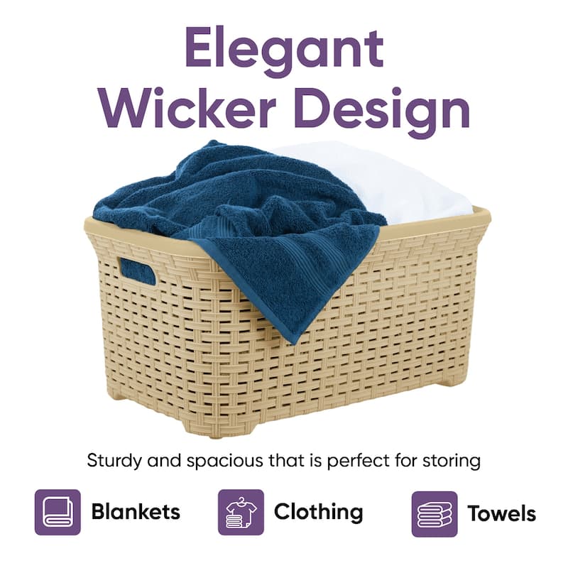 Superio Large Wicker Laundry Basket with Cutout Carry Handles - Capacity: 50l
