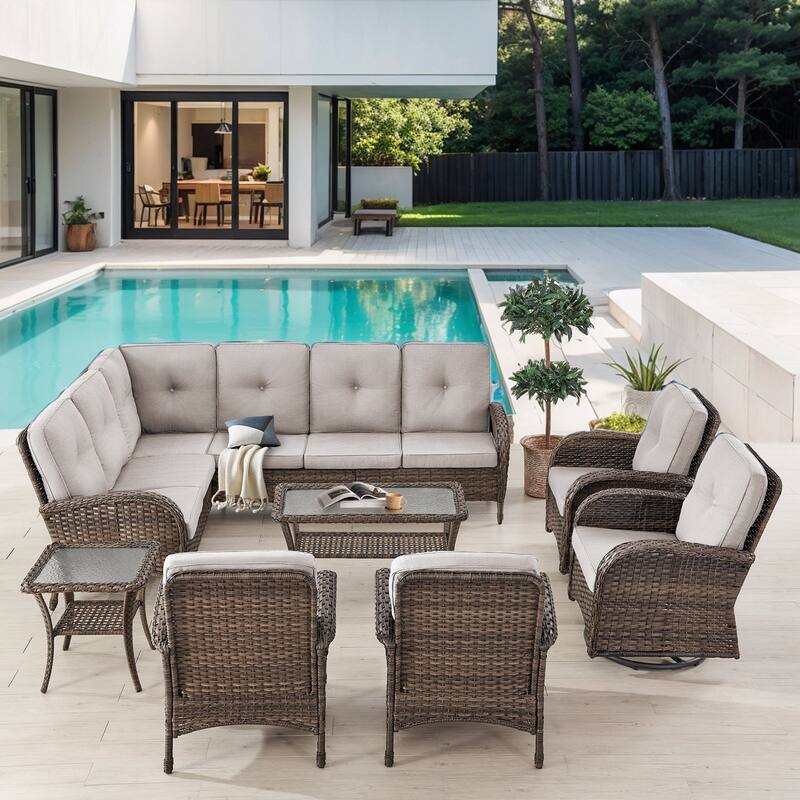 Gymojoy L-Shaped Outdoor Sectional Sofa Set with Swivel Chairs & Patio Chairs - Beige - 7-Piece
