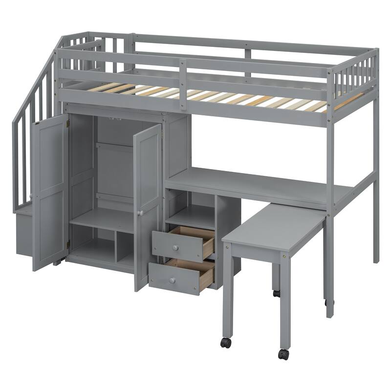 Twin Loft Bed with Stairs Desk Drawers Bookshelf Wardrobe Pine Wood