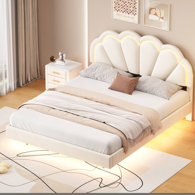 Queen Size PU Bed with LED Lights /Queen Upholstered Smart LED Bed