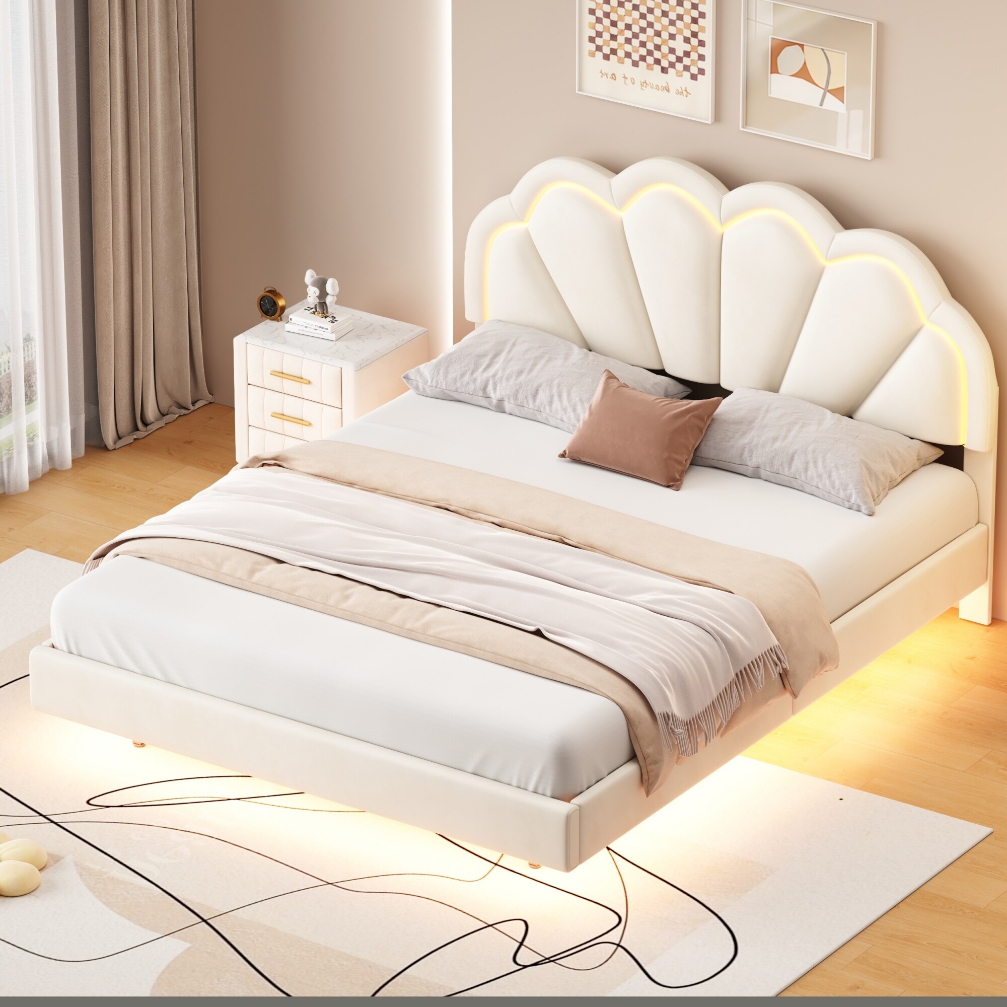 Velvet Upholstered Floating Smart LED Platform Bed Flower Headboard Remote Control Bed Bath Beyond 40193346