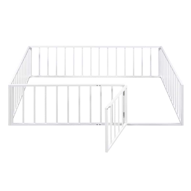 White Full Size Metal Floor Bed Frame with Fence and Door for Kids