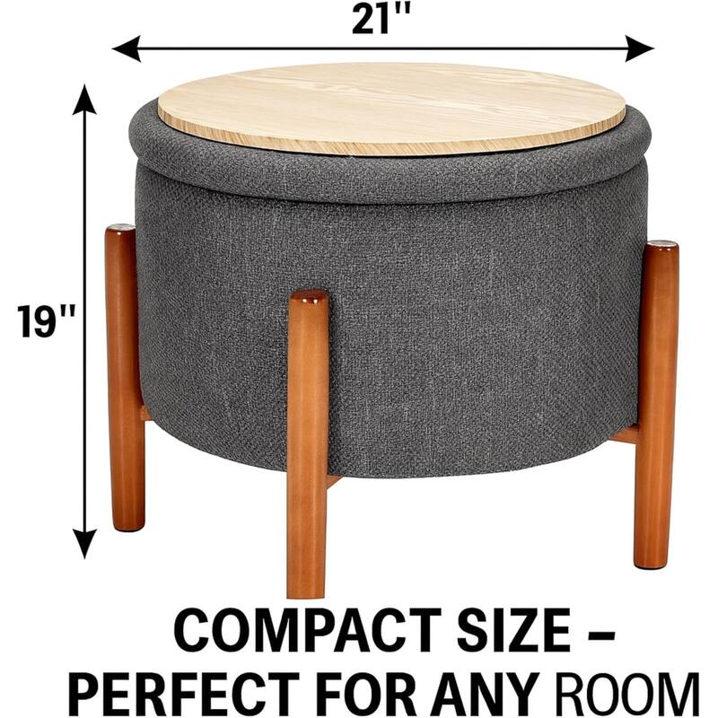 Modern Linen Ottoman with Pine Legs and Hidden Storage Flip Tray