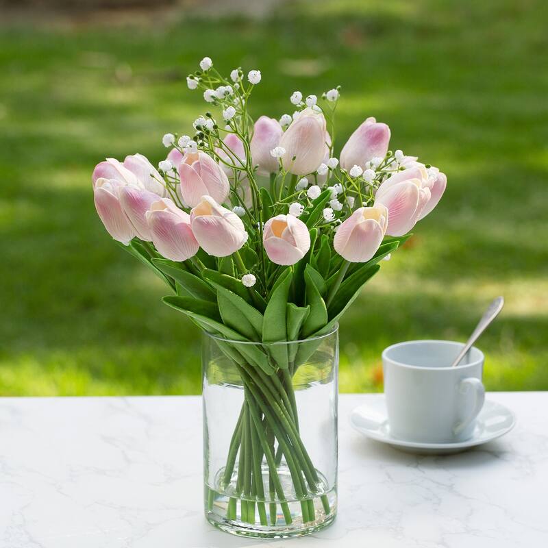 Enova Home 18 Mixed Artificial Real Touch Tulip Flower Arrangement in Clear Glass Vase with Faux Water for Home Decoration