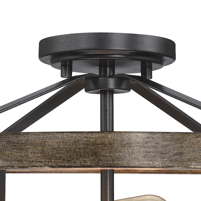 13 in. 2-Light Natural Iron and Distressed Faux Wood Industrial Farmhouse Semi-Flush Mount Ceiling Light