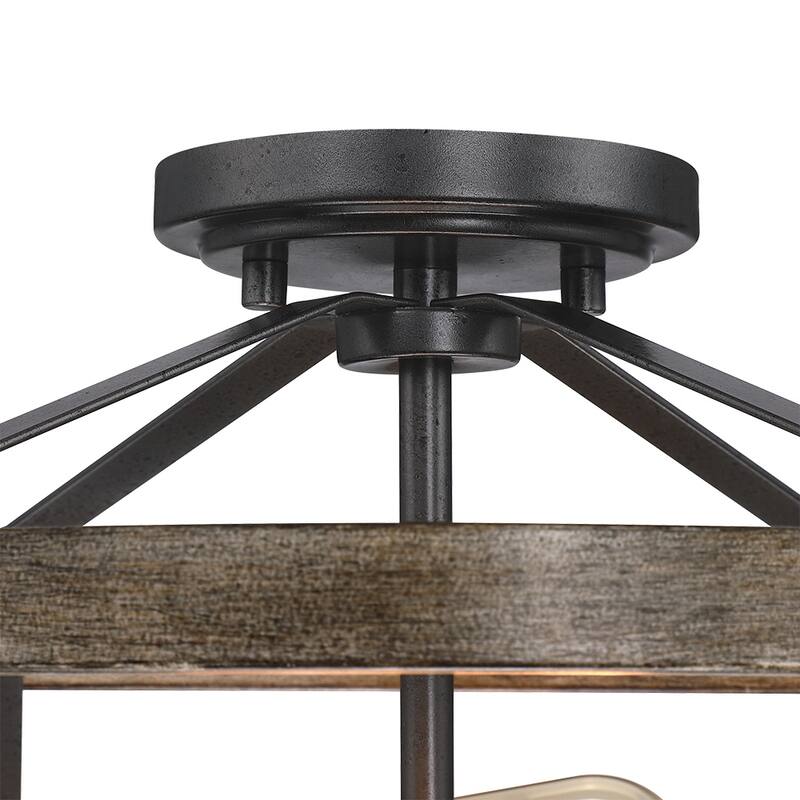 2-Light Natural Iron and Distressed Faux Wood Industrial Farmhouse Semi-Flush Mount Ceiling Light - 13'' W