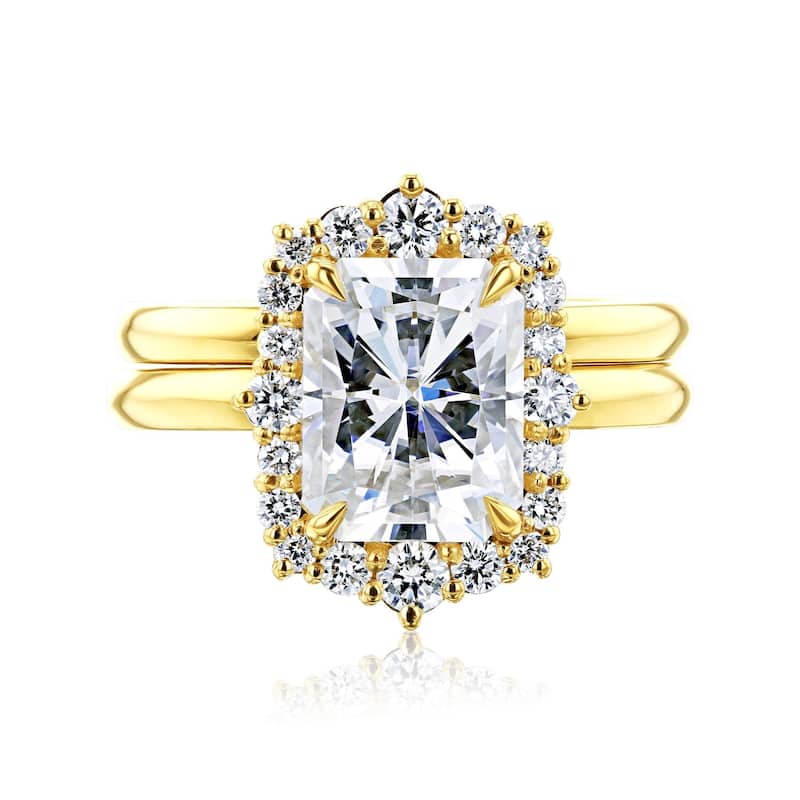 Kobelli August Collection 3.1 Carat Moissanite & Diamond 14k Solid Gold Radiant Rococo Halo Plain Bands Raina Bridal Set - 10.5 - Yellow