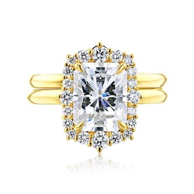 Kobelli August Collection 3.1 Carat Moissanite & Diamond 14k Solid Gold Radiant Rococo Halo Plain Bands Raina Bridal Set
