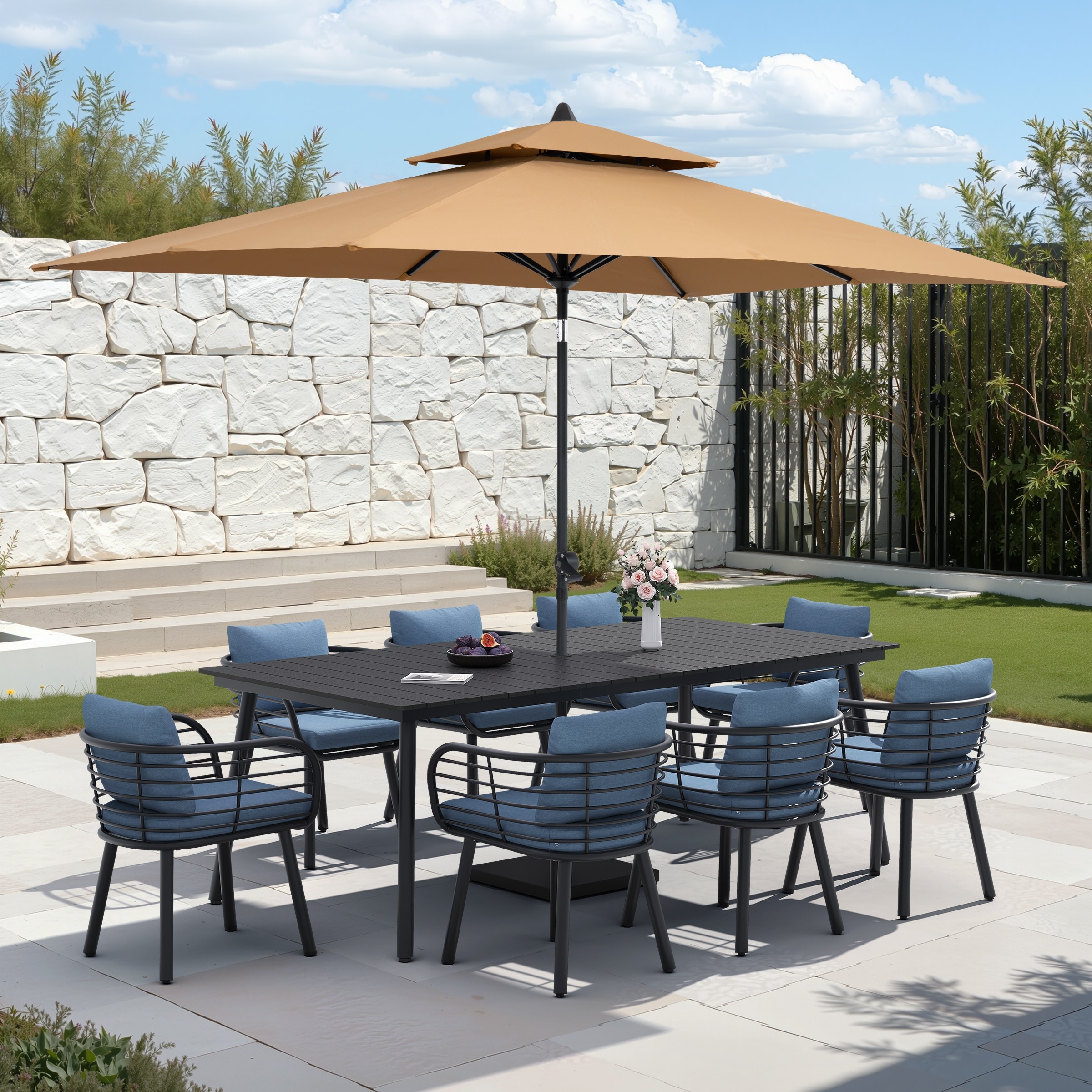 aluminum patio furniture with umbrella NUU GARDEN 5-Piece Outdoor Dining Set, 33" Cast Dining Table Hole and 4 Cast Aluminum Chairs, Table and Chair Set, Patio Dining Set for Poolside Deck Yard Prized for its phenomenal strength and durability 8-Piece Rectangle Wood & Aluminum