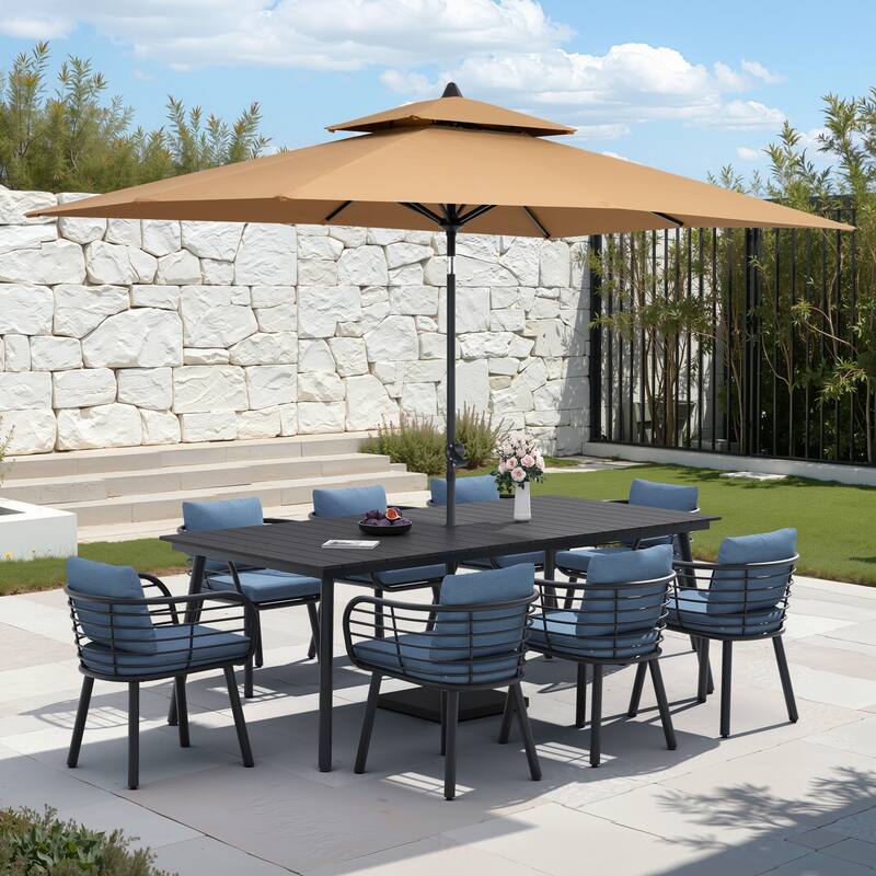 9/11-PieceOutdoor Patio Dining Set with Sunbrella Cushions Aluminum Dining Table and Chairs w/10 ft Umbrella and Base - Set of 11 - Black Table with Tan Umbrella