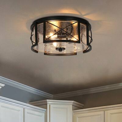 Clyno Modern Industrial 3-Light Seeded Glass Drum Flush Mount Light - D 12.5"* H 6"