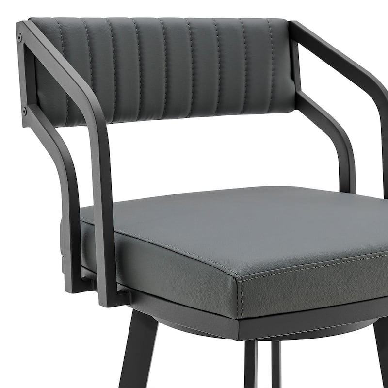 26" Grey Swivel Counter Height Faux Leather Seat Bar Stool with Arms and Low Back and Black Iron Frame - 36”H x 21”W x 22”D