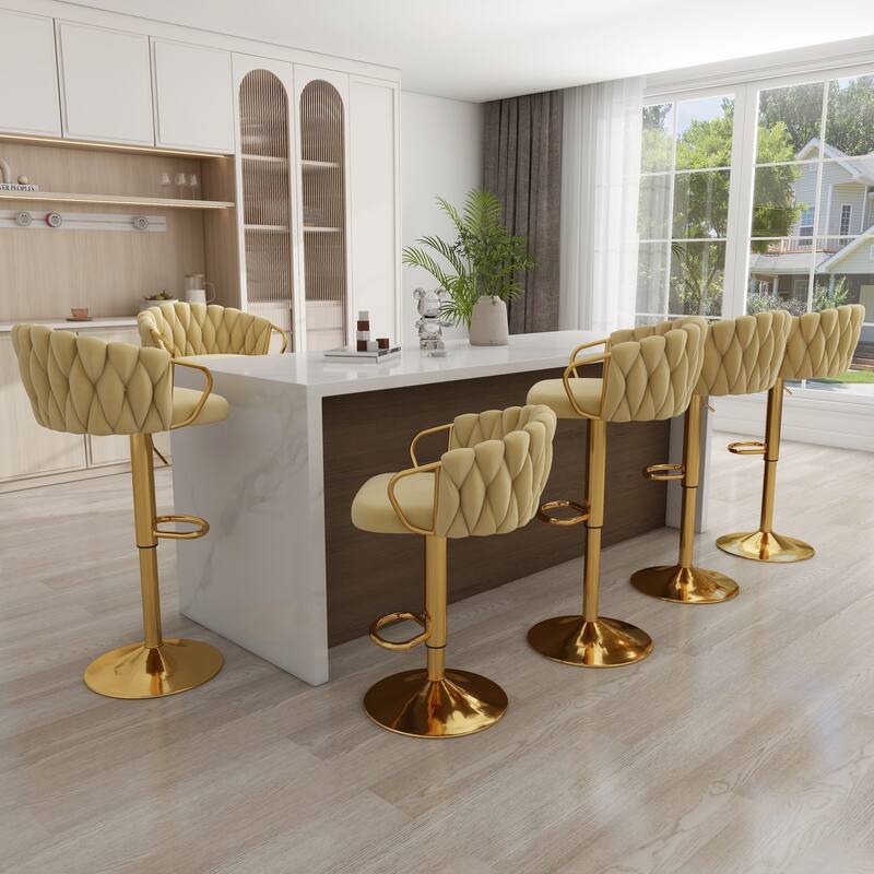 Set of 4 Bar Stool Adjustable Height Swivel Velvet Woven - Camel - Set of 6