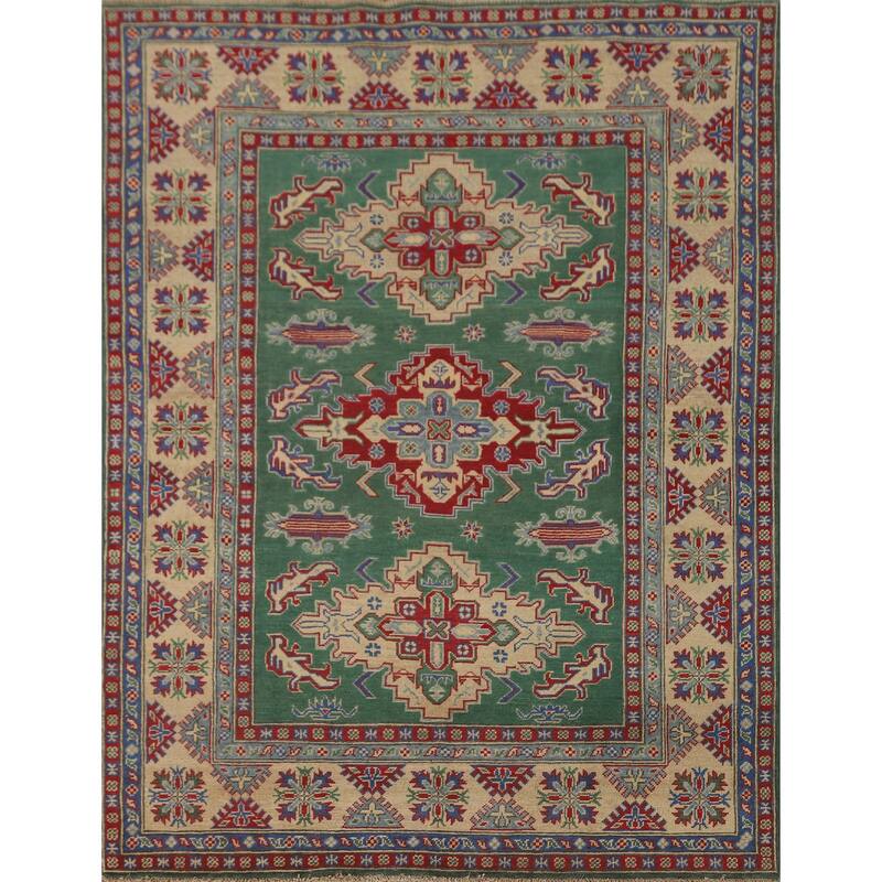 Green Geometric Kazak Area Rug Hand-Knotted Wool Carpet - 4'11" x 6'1"