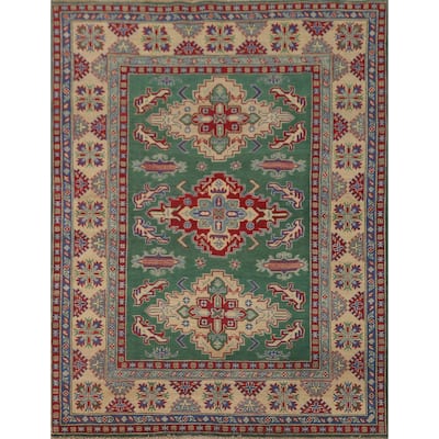 Green Geometric Kazak Area Rug Hand-Knotted Wool Carpet - 4'11" x 6'1"
