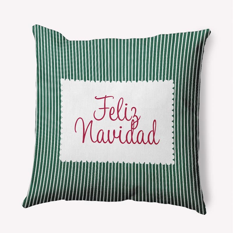 Feliz Navidad Ticking Christmas Indoor/Outdoor Throw Pillow - 16" x 16" - Forest Green