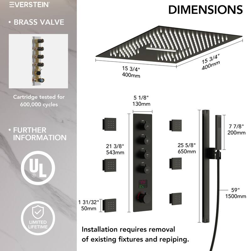 16 in LED Light Shower System Faucet Set LCD Digital Thermostatic Valve Kit Shower Head with Body Jets & Handheld Slider