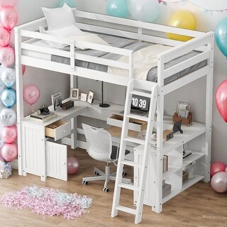Full Size Loft Bed with U-shaped Desk,Drawers and Storage Shelves for Home
