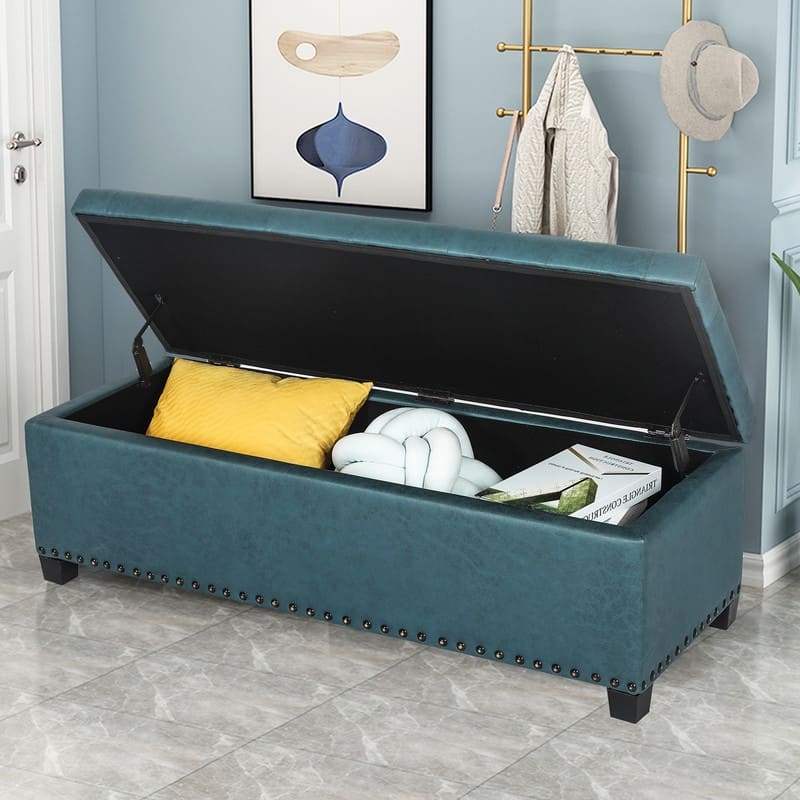 Adeco Storage Ottoman Faux Leather Button Tufted Bench Rectangle Footrest