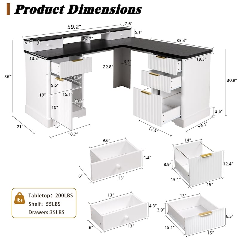 Executive L Shaped Desk Home Office Desk with Charging Station, Corner Computer Desk with Monitor Stand, Drawer, Storage Cabinet