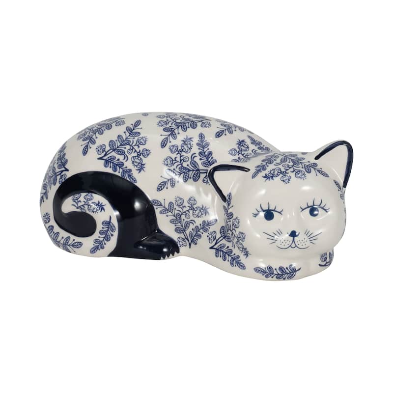 Ceramic Cat Sculpture Contemporary Vintage Style Chinoiserie Blue and White Floral Cat Statue Cat Lover