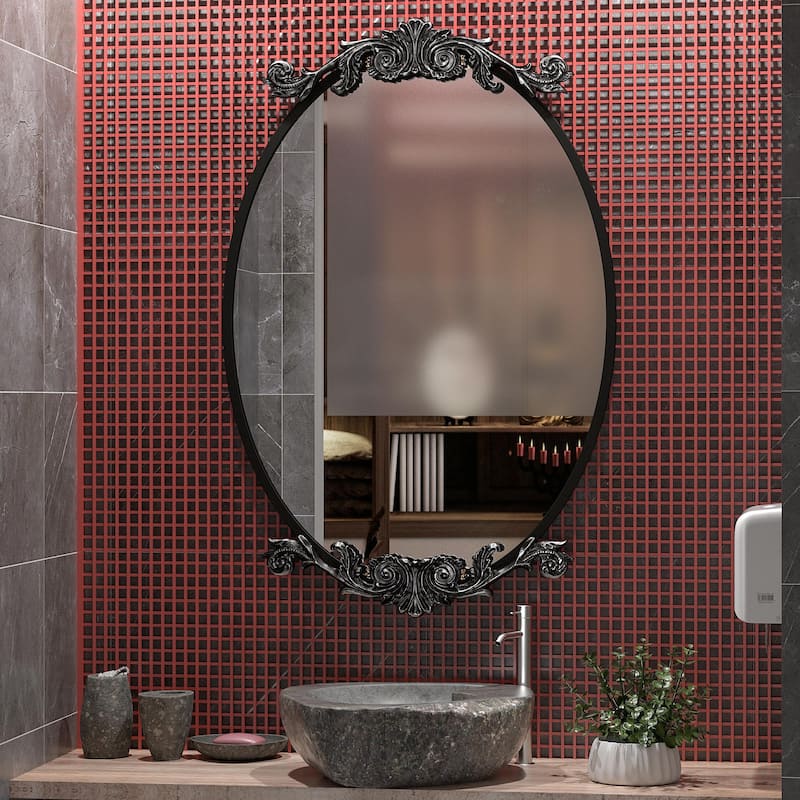 KIOTEE Oval Mirror and Metal Frame French Cleat Mounted Baroque Style Wall Decor Bathroom Vanity Mirror with 5-Year Warranty - 36x24 - Black