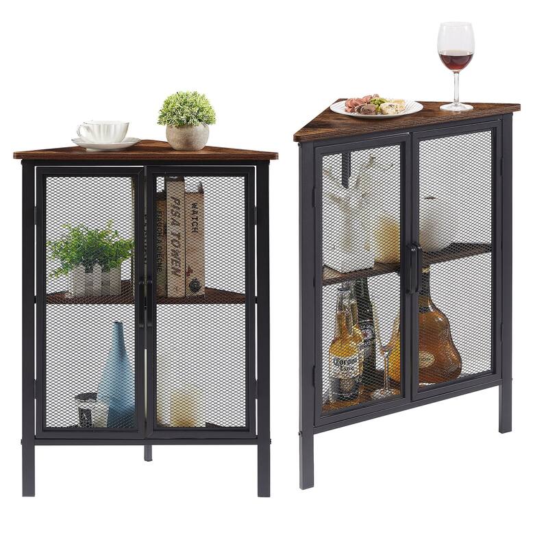 VECELO Triangular Corner Cabinet 27.5" 3-tier End Table with Mesh Doors For Small Spaces Indoor Outdoor(1PCS/2PCS) - 2 Pieces - Rustic Brown