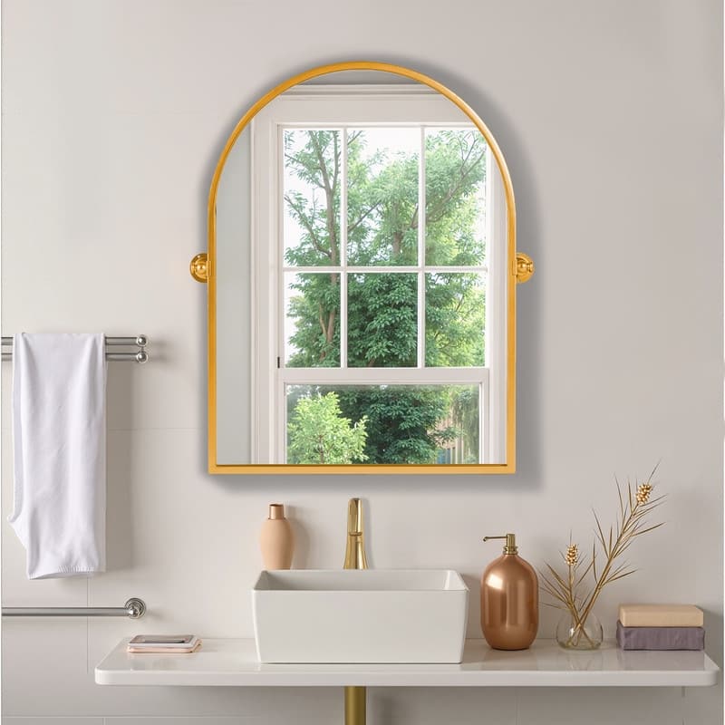 Rectangular Metal Framed Pivoted Bathroom Wall Vanity Mirror Adjustable Wall-Mounted For Modern Wall Decor - 31" x 24" - Gold Arch