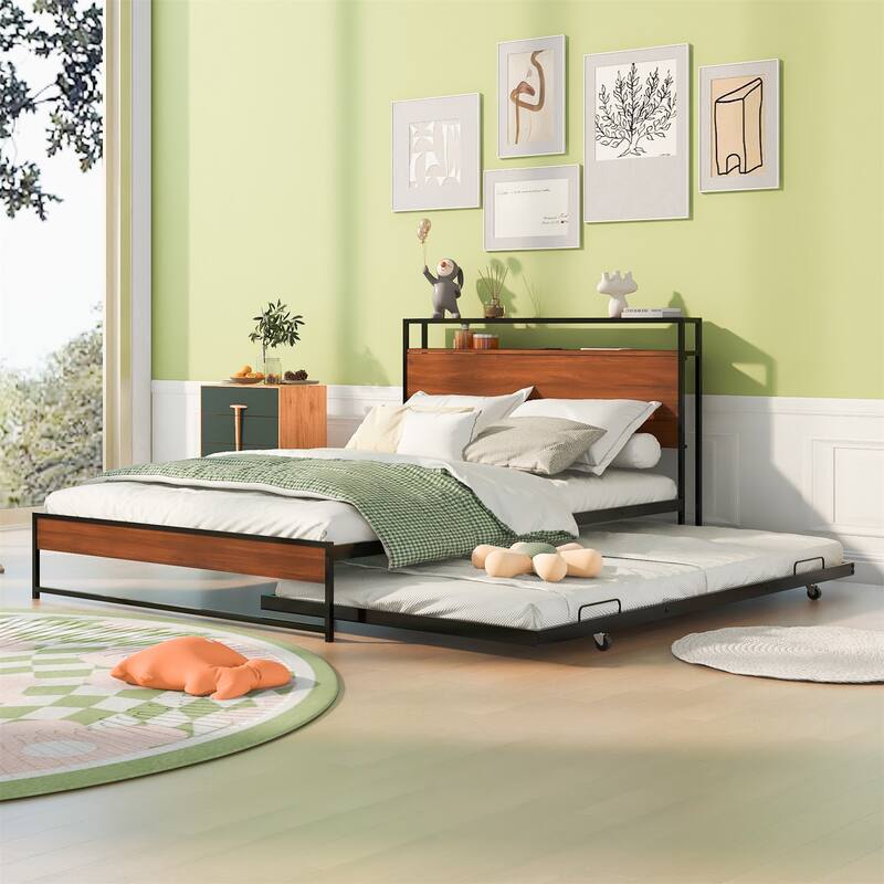 Full Size Metal Platform Bed Frame with Trundle, USB Ports