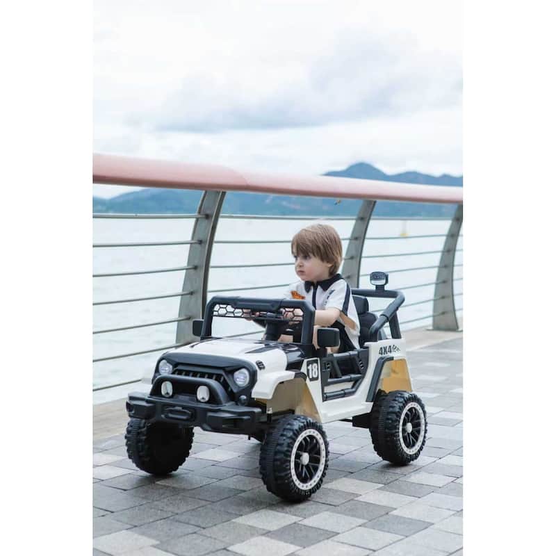 12V Kids Electric Ride-On Car with Remote Control, Black/White, Spring Suspension & LED Lights - White