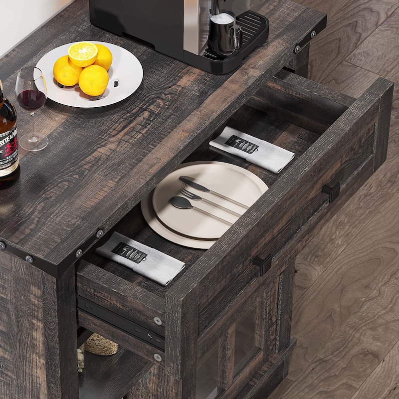 Moasis Farmhouse Coffee Bar Cabinet with Sliding Barn Door and Wine Glass Holder