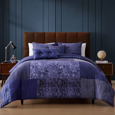 Bebejan Blue Denim Patchwork 100% Cotton Sateen 5 Piece Reversible Comforter Set