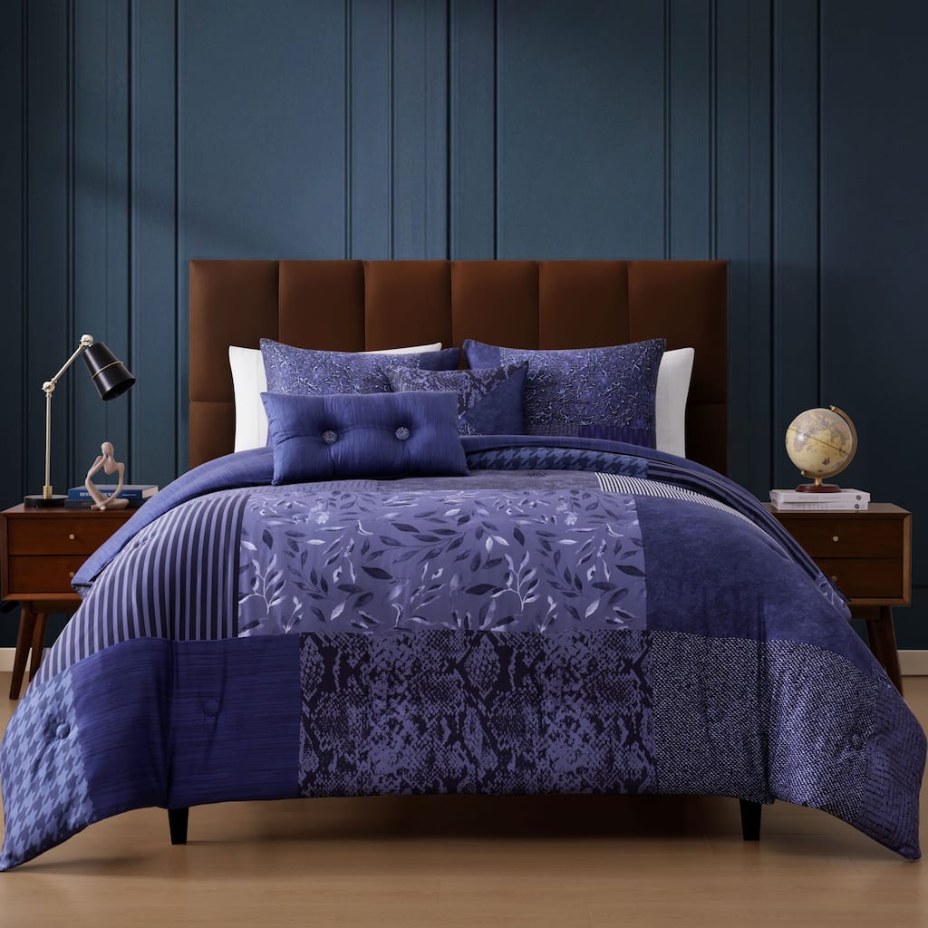 Bebejan Blue Denim Patchwork 100% Cotton Sateen 5 Piece Reversible Comforter Set