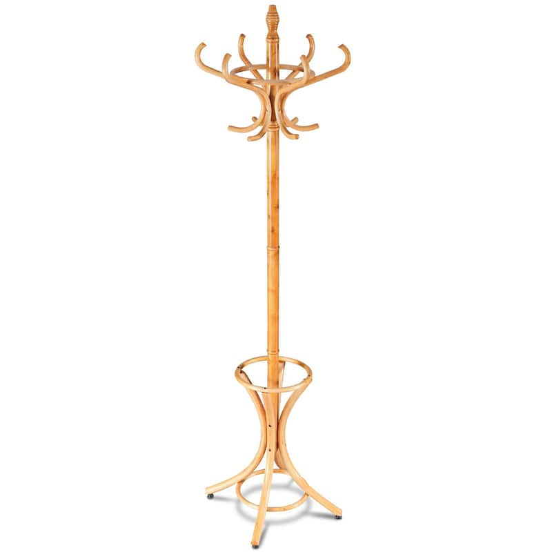 Gymax Wood Standing Hat Coat Rack Jacket Bag Hanger Tree 12 Hooks w/