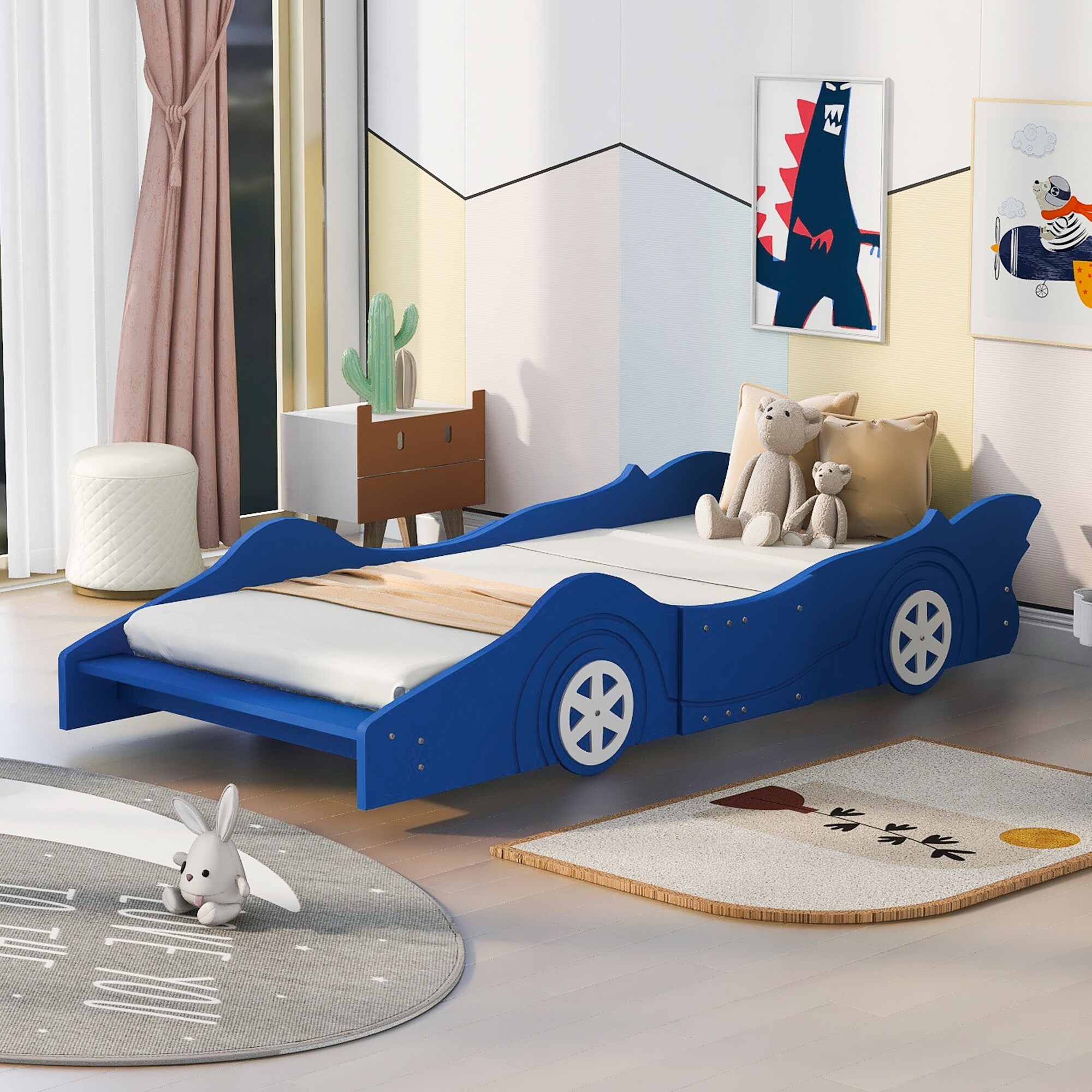 Children Wood Toddler Bed, Twin Size Race Car-Shaped Platform Bed