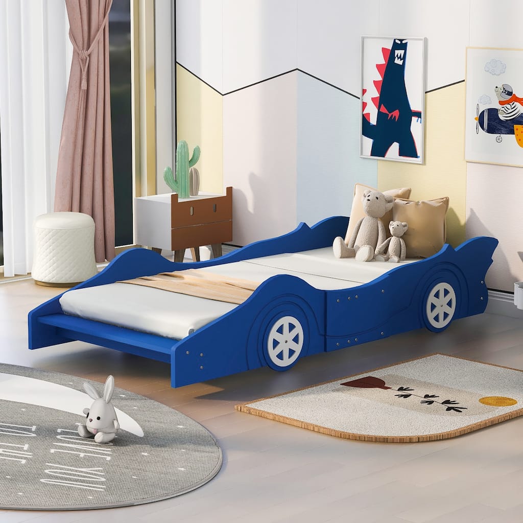 Twin Size Race Car-Shaped Platform Bed with Wheels, Blue