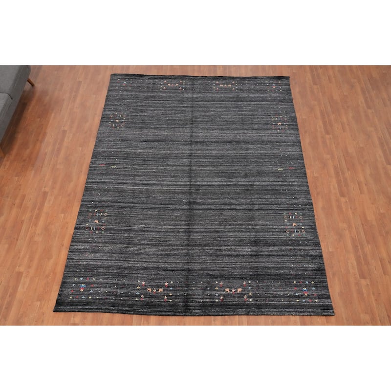 Hand Knotted Oriental Viscose Silk Carpet Tribal Animal Pictorial Greys & Charcoal Gabbeh Area Rug - 11' 8'' X 8' 9''