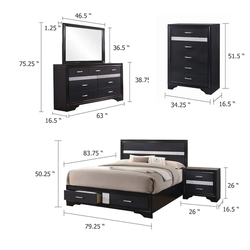 Vino Black 5 Piece King Bed Set with Storage, Dressers, Glitter Accent