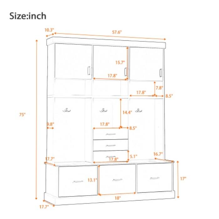 75" Hall Tree with Bench, 6 Drawers, 3 Cabinets & Coat Rack, 5-in-1 Entryway Storage