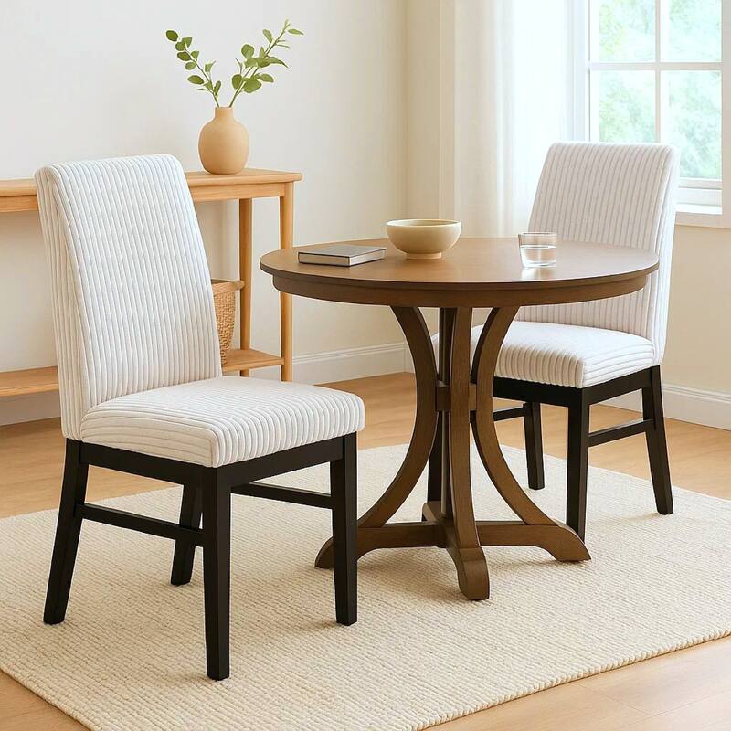 Haly Dining Chair Set of 2, White Fabric Padded Seat, Black Wood Legs